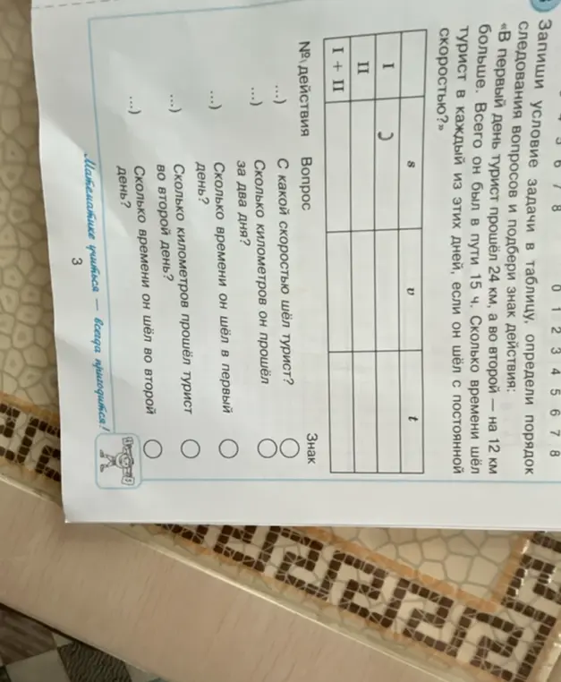 Запиши условие задачи в таблицу, определи порядок следования вопросов и подбери знак действия для задачи: «В первый день турист прошёл 24 км, а во второй — на 12 км больше. Всего он был в пути 15 ч. Сколько времени шёл турист в каждый из этих дней, если он шёл с постоянной скоростью?»