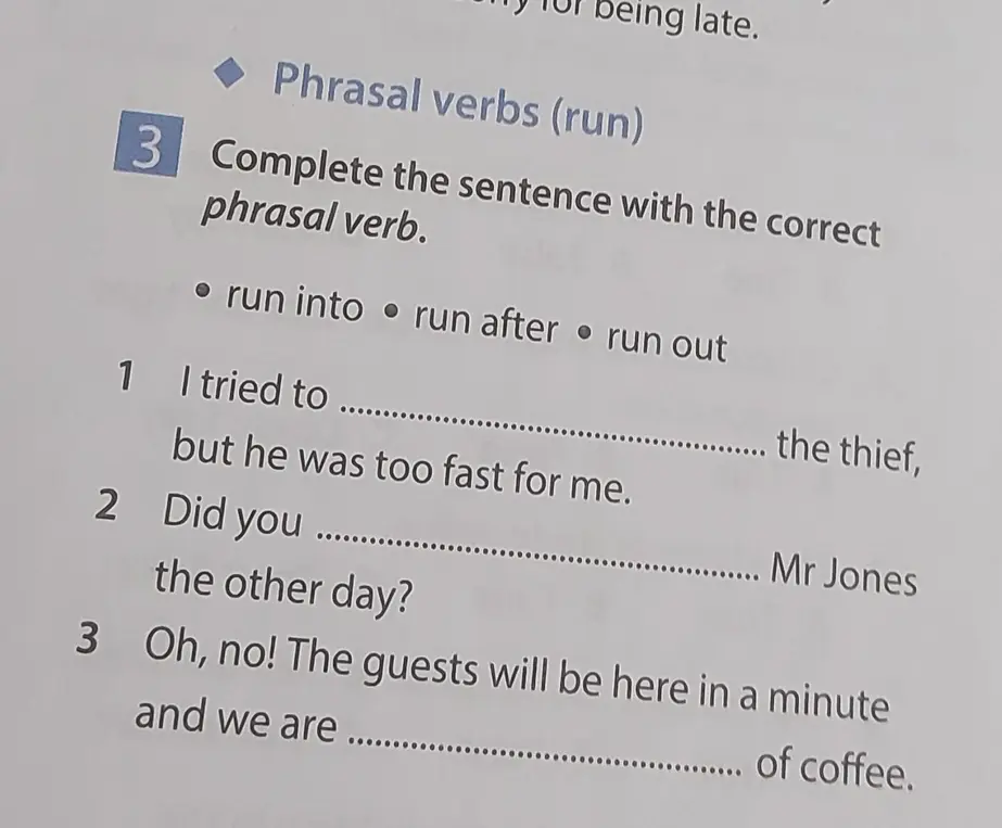 Помоги составить предложения, используя фразовые глаголы: run into, run after, run out