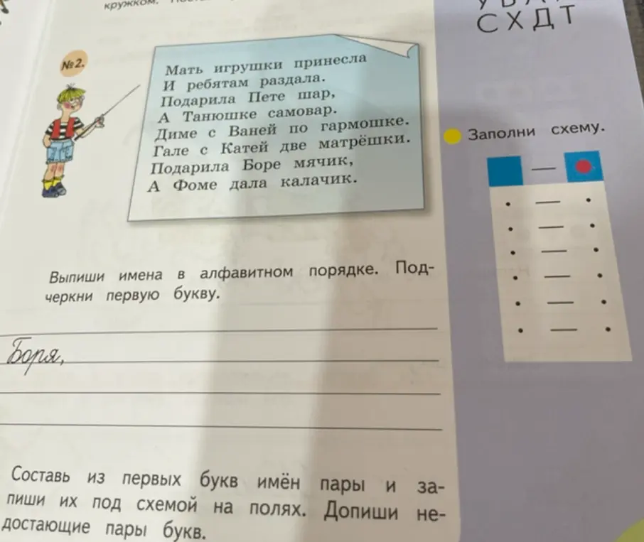 Составь из первых букв имён пары и запиши их под схемой на полях. Допиши недостающие пары букв