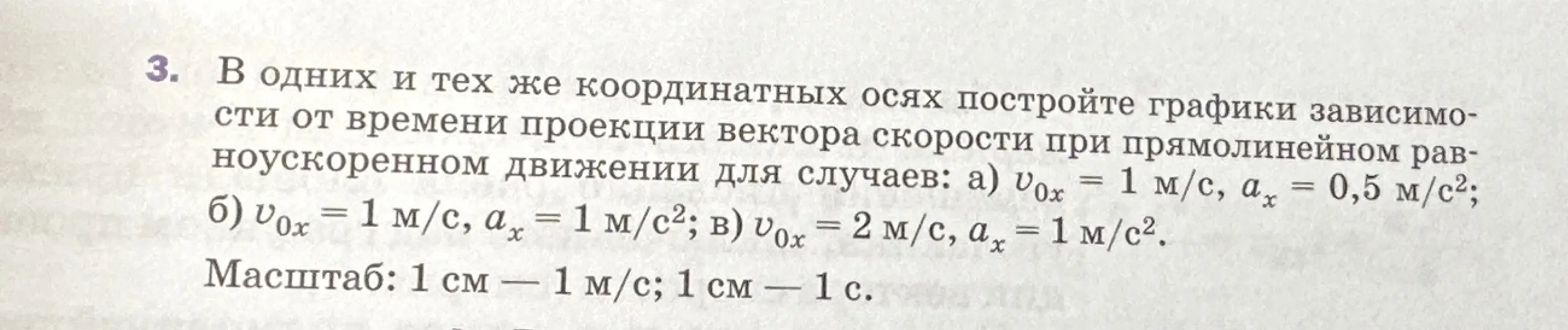 Можешь построить графики зависимости скорости от времени проекции вектора скорости при прямолинейном равноускоренном движении для случаев: а) v0x = 1 м/с, ах = 0,5 м/с²?
