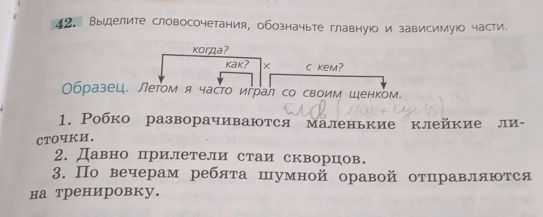 Выдели словосочетания в предложении 'Робко разворачиваются маленькие клейкие листочки' и обозначь главную и зависимую части.
