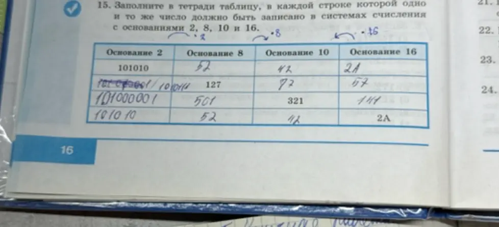 Заполни таблицу, в каждой строке которой одно и то же число должно быть записано в системах счисления с основаниями 2, 8, 10 и 16