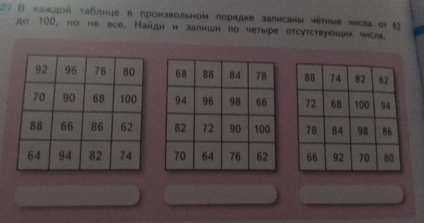 Найди и запиши по четыре отсутствующих числа в каждой таблице
