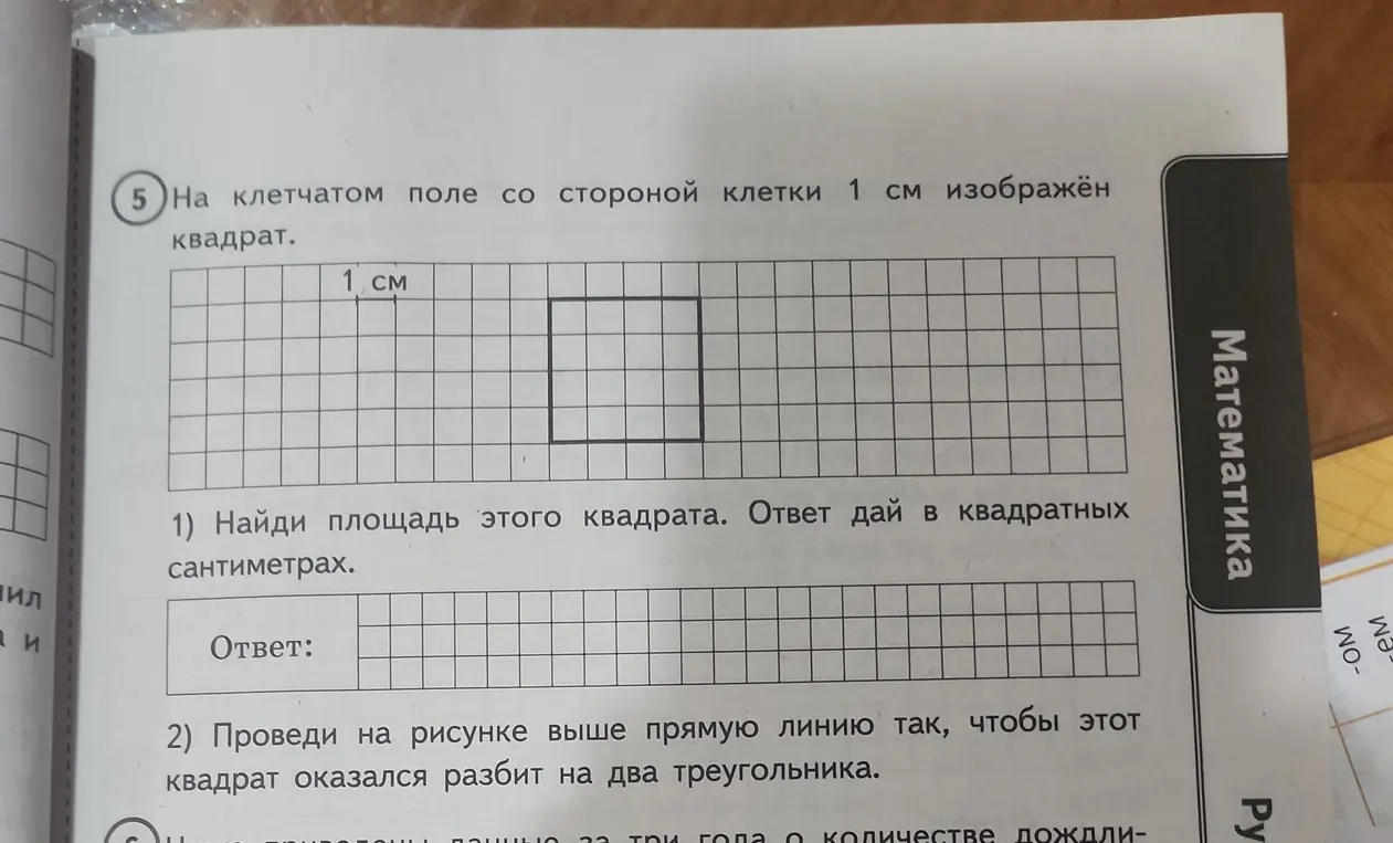 Можешь ли ты найти площадь квадрата и провести на рисунке прямую линию так, чтобы этот квадрат оказался разбит на два треугольника?