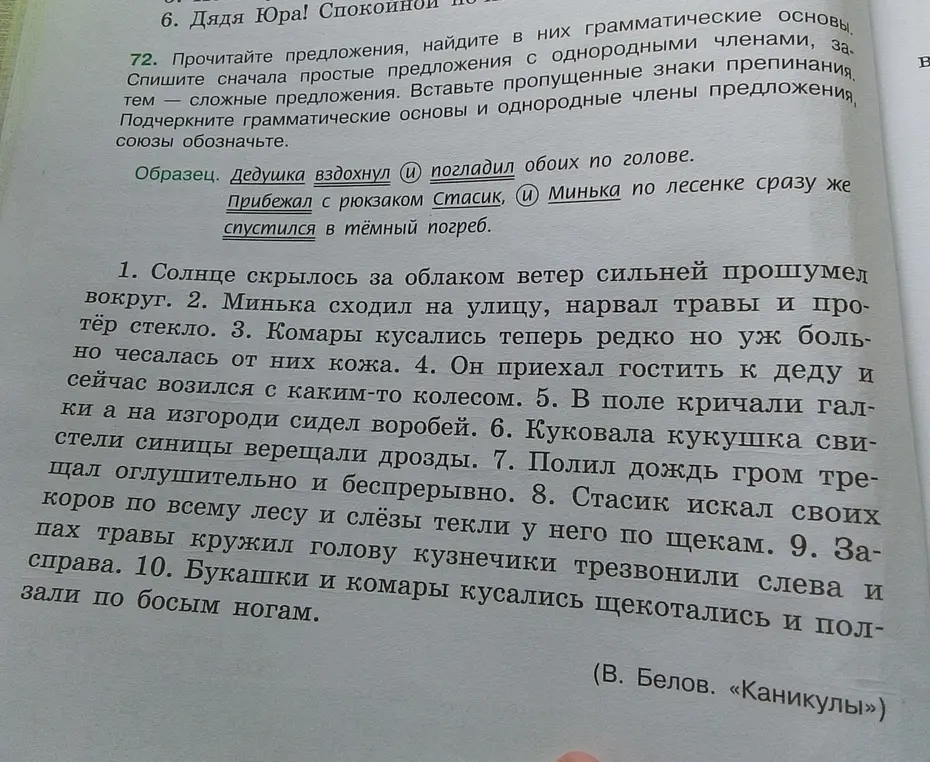 Прочитай предложения, найди в них грамматические основы и однородные члены предложения (на примере первого предложения).