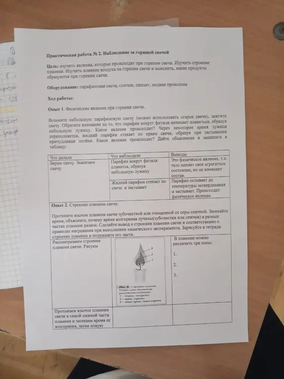 Выполни, пожалуйста, практическую работу № 2 'Наблюдение за горящей свечой'