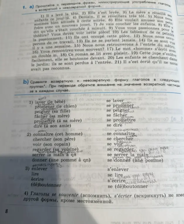 Прочитай и переведи фразы, иллюстрирующие употребление глаголов в возвратной и невозвратной форме.