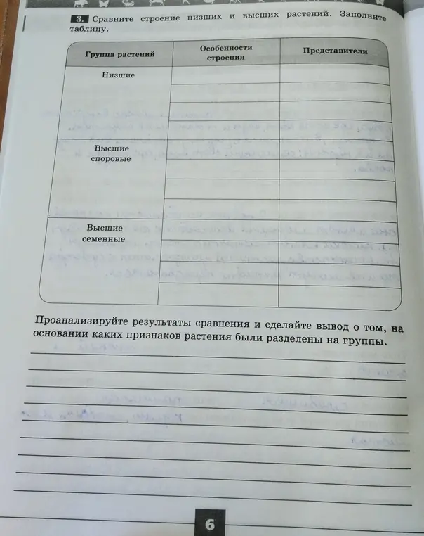 Сравни строение низших и высших растений и заполни таблицу.