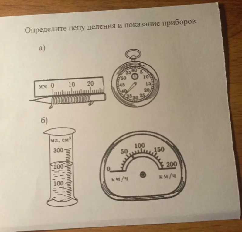 Ты просишь определить цену деления и показания приборов на картинке под буквами а и б.