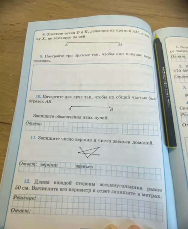 Помоги мне отметить точки D и K на прямой AM, построить три прямые так, чтобы они попарно пересекались, и выполнить другие задания по геометрии