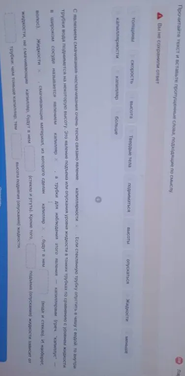Помоги заполнить пропущенные слова в тексте про капиллярность