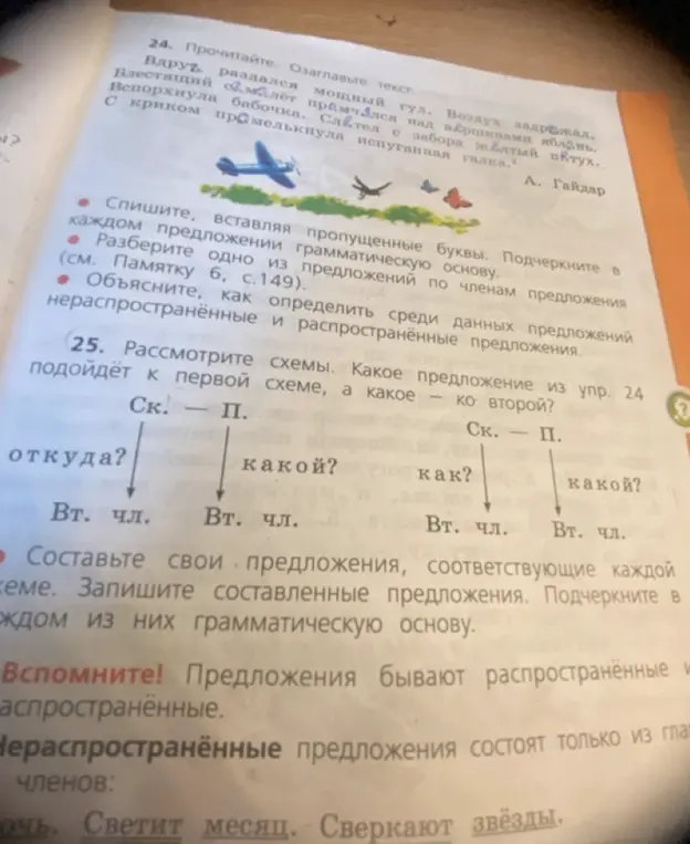 Рассмотри схемы. Какое предложение из упр. 24 подойдёт к первой схеме, а какое ко второй?