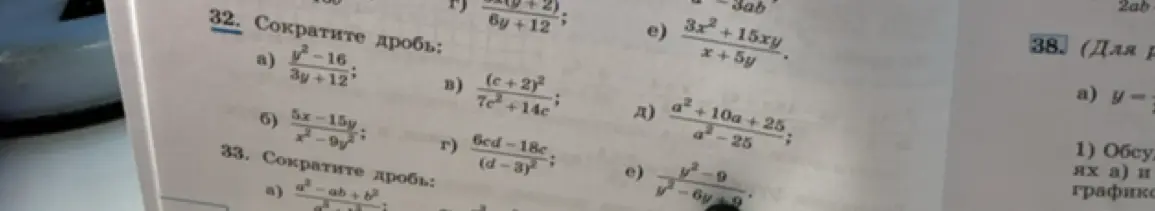 Можешь ли ты сократить дроби: a) y²-16 / 3y+12; б) 5x-15y / x²-9y²; в) (c+2)² / 7c²+14c; г) 6cd-18c / (d-3)²; д) a²+10a+25 / a²-25; e) y²-9 / y²-6y+9; e) 3x²+15xy / x+5y