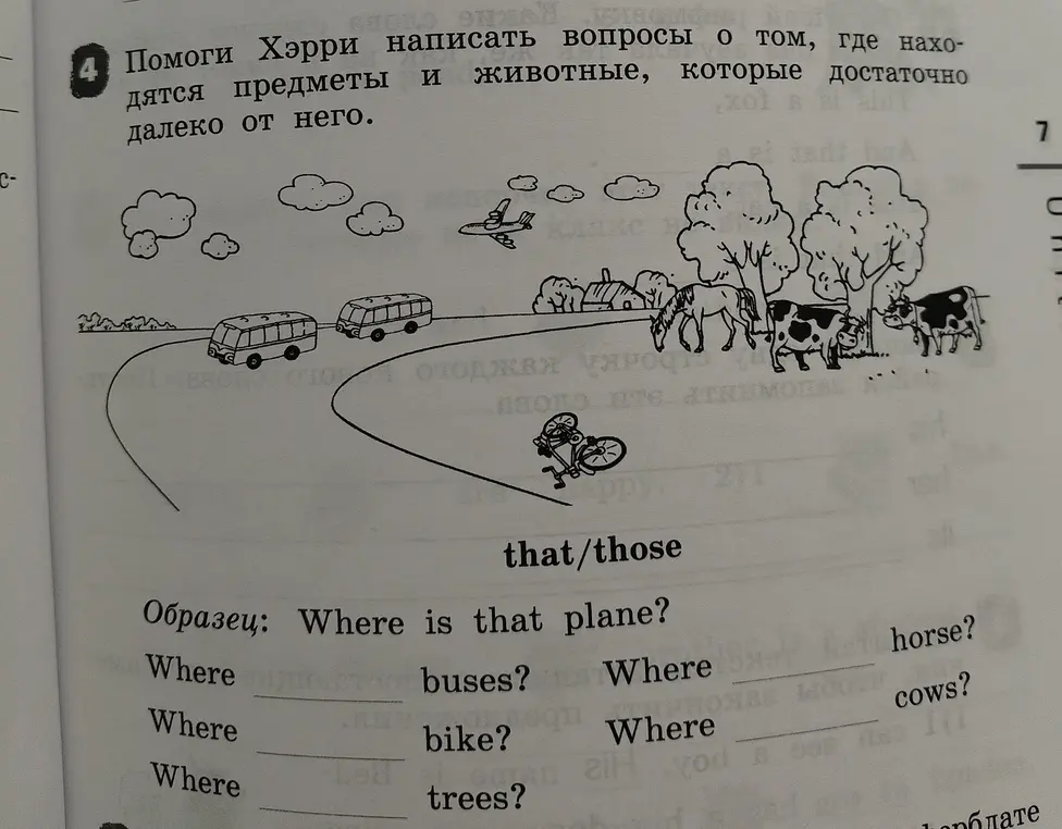 Помоги Хэрри написать вопросы о том, где находятся предметы и животные, которые достаточно далеко от него, начиная с вопроса "Where... buses?"