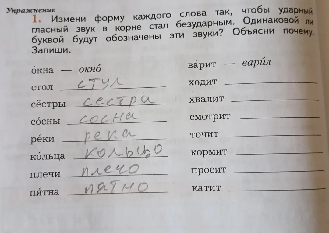Измени форму каждого слова так, чтобы ударный гласный звук в корне стал безударным.