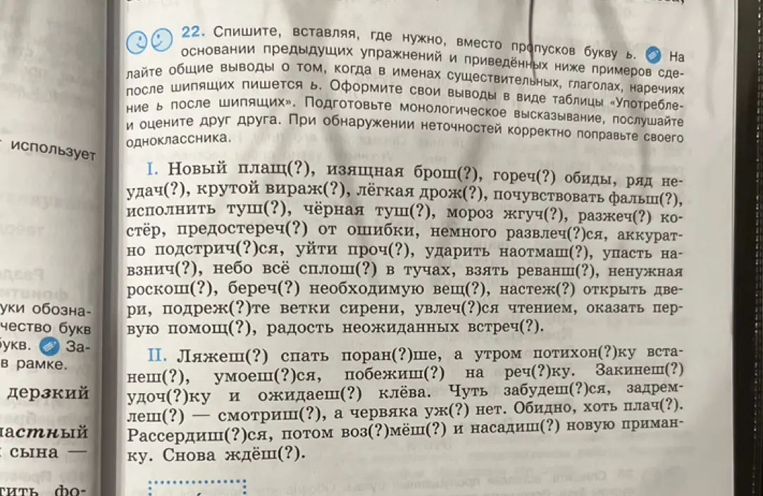 Выполни в упражнении 22 вставку, где нужно, вместо пропусков букву ь в первом пункте.