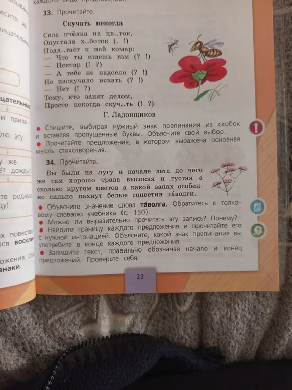 Выполни упражнения 33 и 34. В упражнении 33 спиши, выбирая нужный знак препинания из скобок и вставляя пропущенные буквы, объясни свой выбор. В упражнении 34 объясни значение слова таволга.