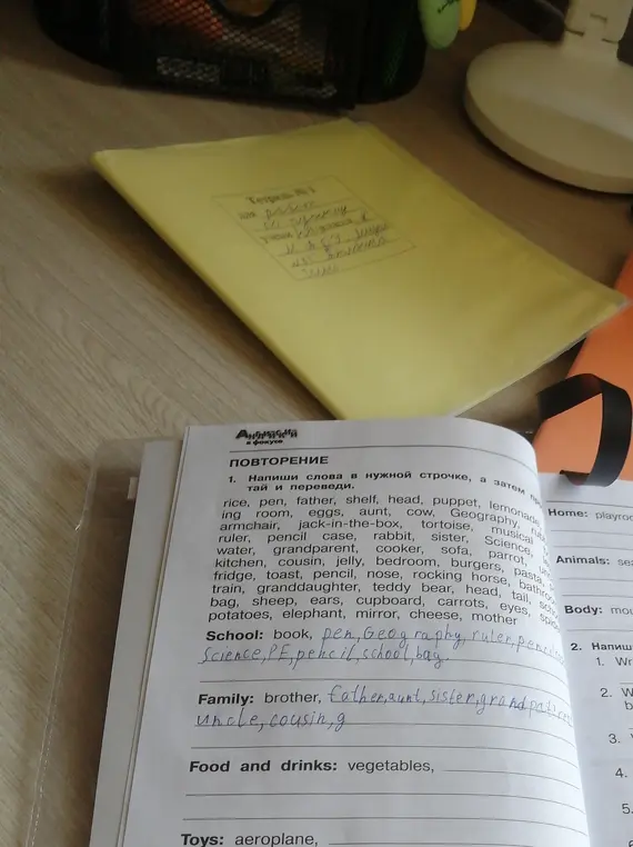 Напиши слова в нужной строчке, а затем переведи