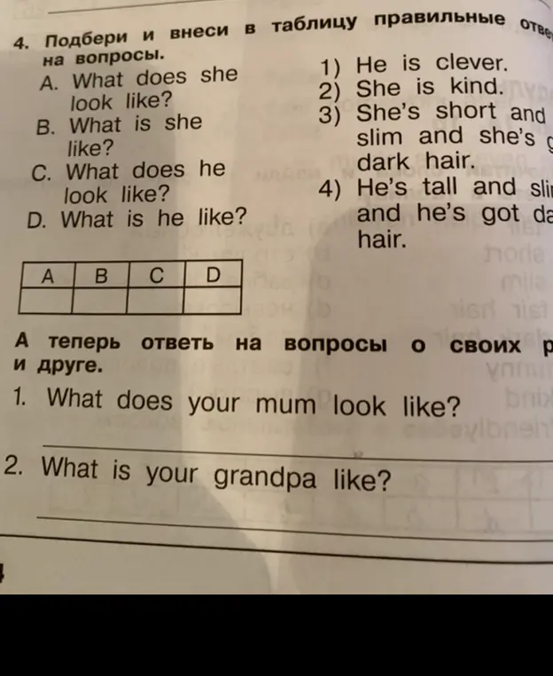 Подбери и внеси в таблицу правильные ответы на вопросы: What does she look like?