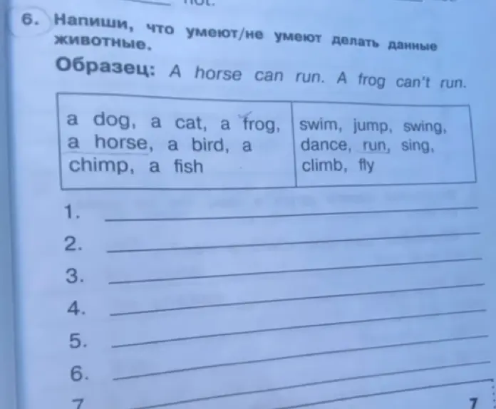 Составь предложения, используя образец: 'A horse can run. A frog can't run.'