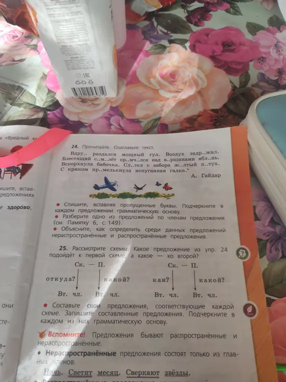Объяснишь, как выполнить упражнения 24 и 25 на вставку пропущенных букв, определение грамматической основы, разбор предложения по членам, определение типов предложений и составление предложений по схемам.