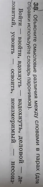Объясни смысловые различия между словами в парах: войти – взойти, вдохнуть – вздохнуть, деловой – деловитый, усвоить – освоить, неизмеримый – несоизмеримый