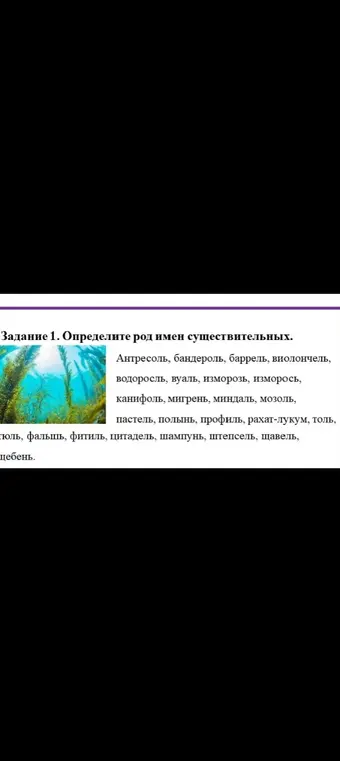 Определи род имен существительных: антресоль, бандероль, баррель, виолончель, водоросль...