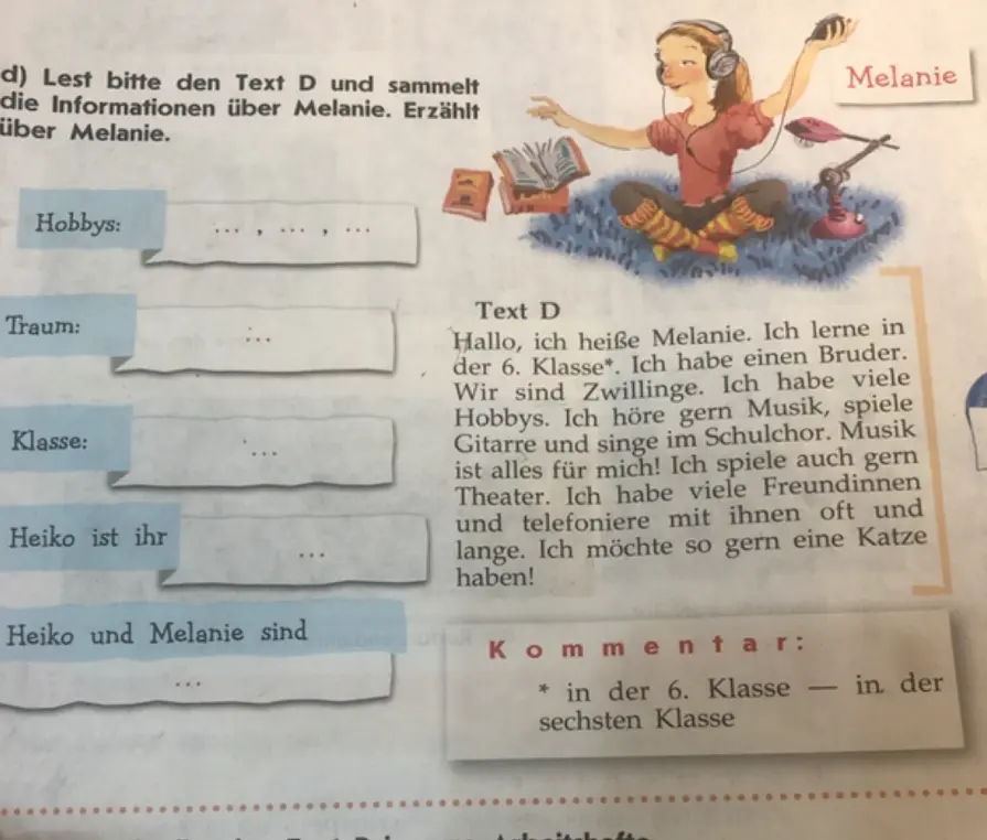 Прочитай текст D и собери информацию о Melanie