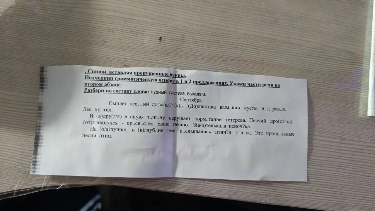 Мне нужно списать текст, вставляя пропущенные буквы, подчеркнуть грамматическую основу в 1 и 2 предложениях, указать части речи во втором абзаце и разобрать по составу слова: нудный, листика, вымокли.