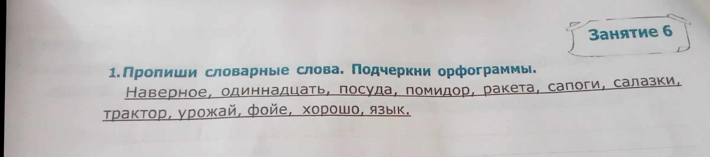 Почеркни орфограммы в словарных словах: наверное, одиннадцать, посуда, помидор, ракета, сапоги, салазки, трактор, урожай, фойе, хорошо, язык.