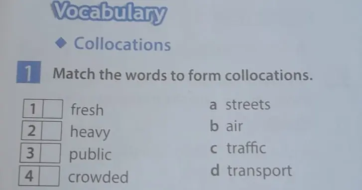 Составь словосочетания из слов: fresh, heavy, public, crowded