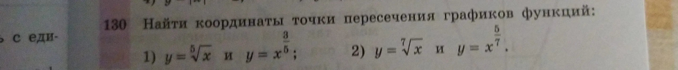 Найди координаты точки пересечения графиков функций: y = корень пятой степени из x и y = x в степени три пятых.