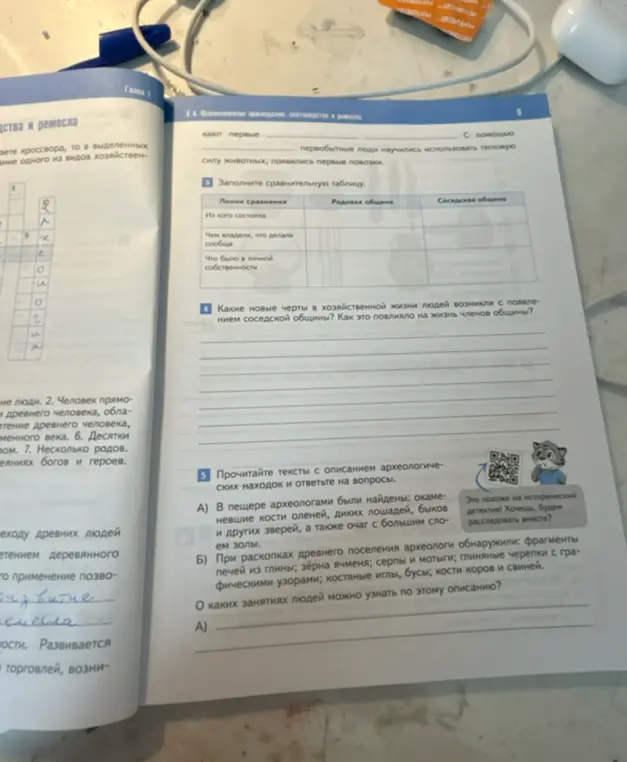 Можешь помочь заполнить таблицу про родовую и соседскую общины, ответить на вопросы про хозяйственную жизнь людей и про археологические находки?