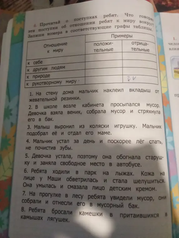 Определи, какие поступки ребят говорят об отношении к миру вокруг и запиши номера в соответствующие графы таблицы