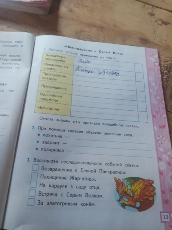Помоги мне заполнить таблицу примерами из текста сказки "Иван-царевич и Серый Волк", а также восстановить последовательность событий сказки.