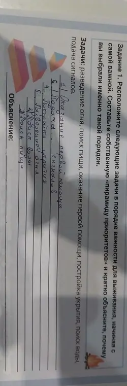 Предложи "пирамиду приоритетов" и кратко объясни, почему выбран именно такой порядок задач: разведение огня, поиск пищи, оказание первой помощи, постройка укрытия, поиск воды, подача сигналов.