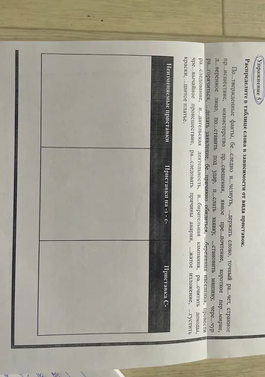 Разбери слова в таблице в зависимости от вида приставок