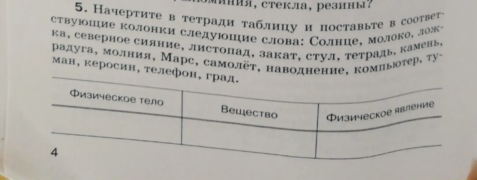 Составь таблицу, распределив слова 'Солнце, молоко, ложка, северное сияние, листопад, закат, стул, тетрадь, камень, радуга, молния, Марс, самолёт, наводнение, компьютер, туман, керосин, телефон, град' по колонкам 'Физическое тело', 'Вещество' и 'Физическое явление'.