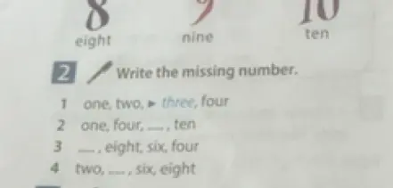Напиши пропущенные числа в заданиях: one, two, ..., four