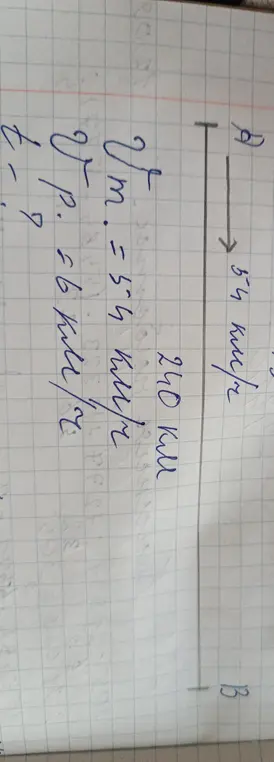 Найди время в пути и скорость против течения, если известно расстояние 240 км, скорость по течению 54 км/ч и скорость течения 6 км/ч.