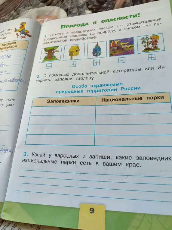 Отметь в квадратиках знаком '-' отрицательное воздействие человека на природу, а знаком '+' положительное воздействие.