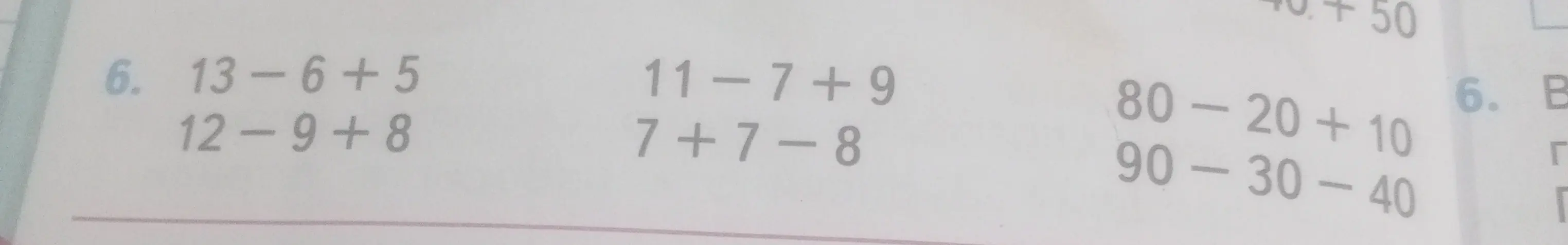 Реши примеры: 13-6+5, 12-9+8, 11-7+9, 7+7-8, 80-20+10, 90-30-40