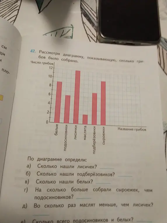 Помоги мне по диаграмме определить, сколько нашли лисичек?