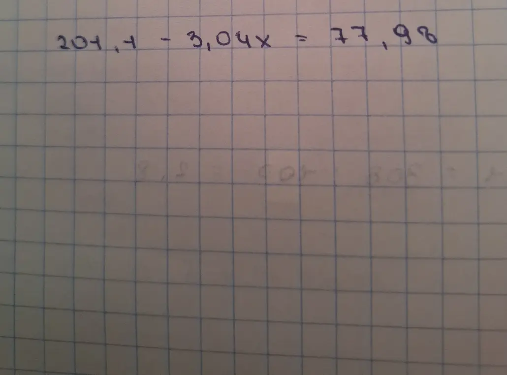 Реши уравнение 204,1 - 3,04x = 77,98