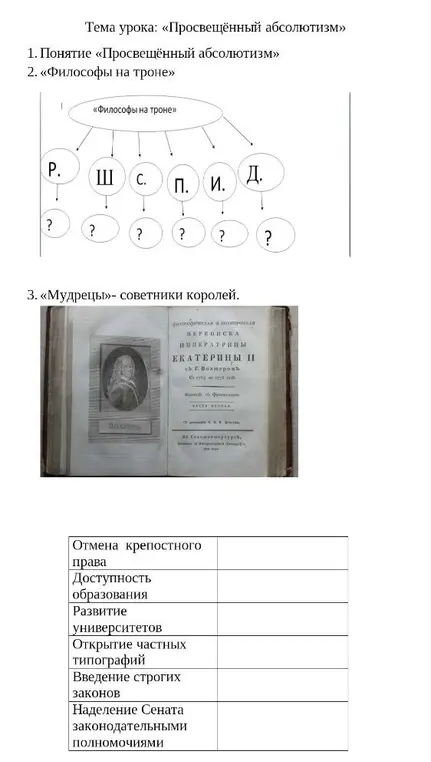 Можешь ли ты помочь мне заполнить схему и таблицу по теме "Просвещенный абсолютизм"?