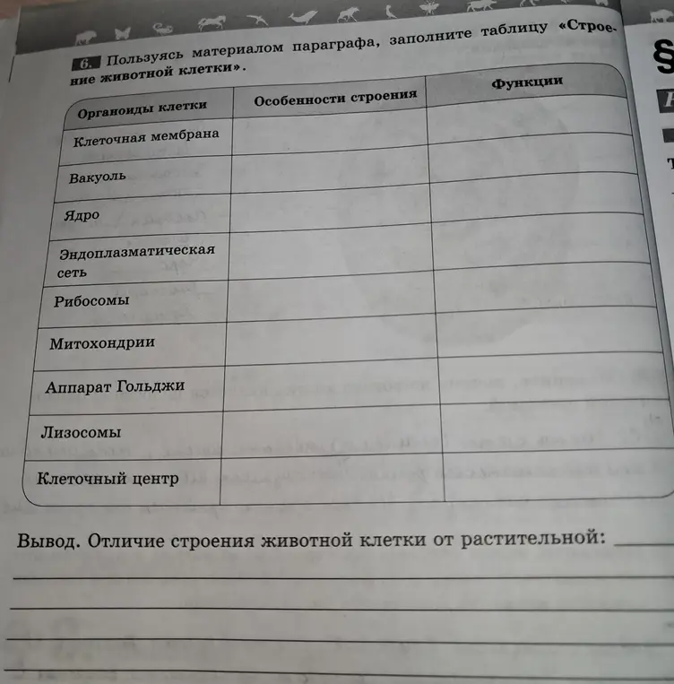 Помоги мне заполнить таблицу «Строение животной клетки»
