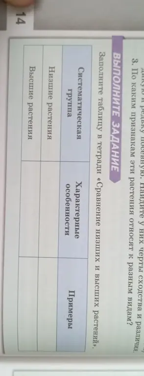 Предложи таблицу для заполнения по заданию "Сравнение низших и высших растений"