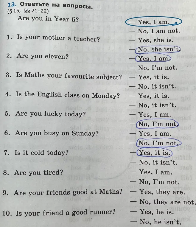 Ответь на вопросы: Are you in Year 5?, Are you eleven?, Are you lucky today?, Is it cold today?