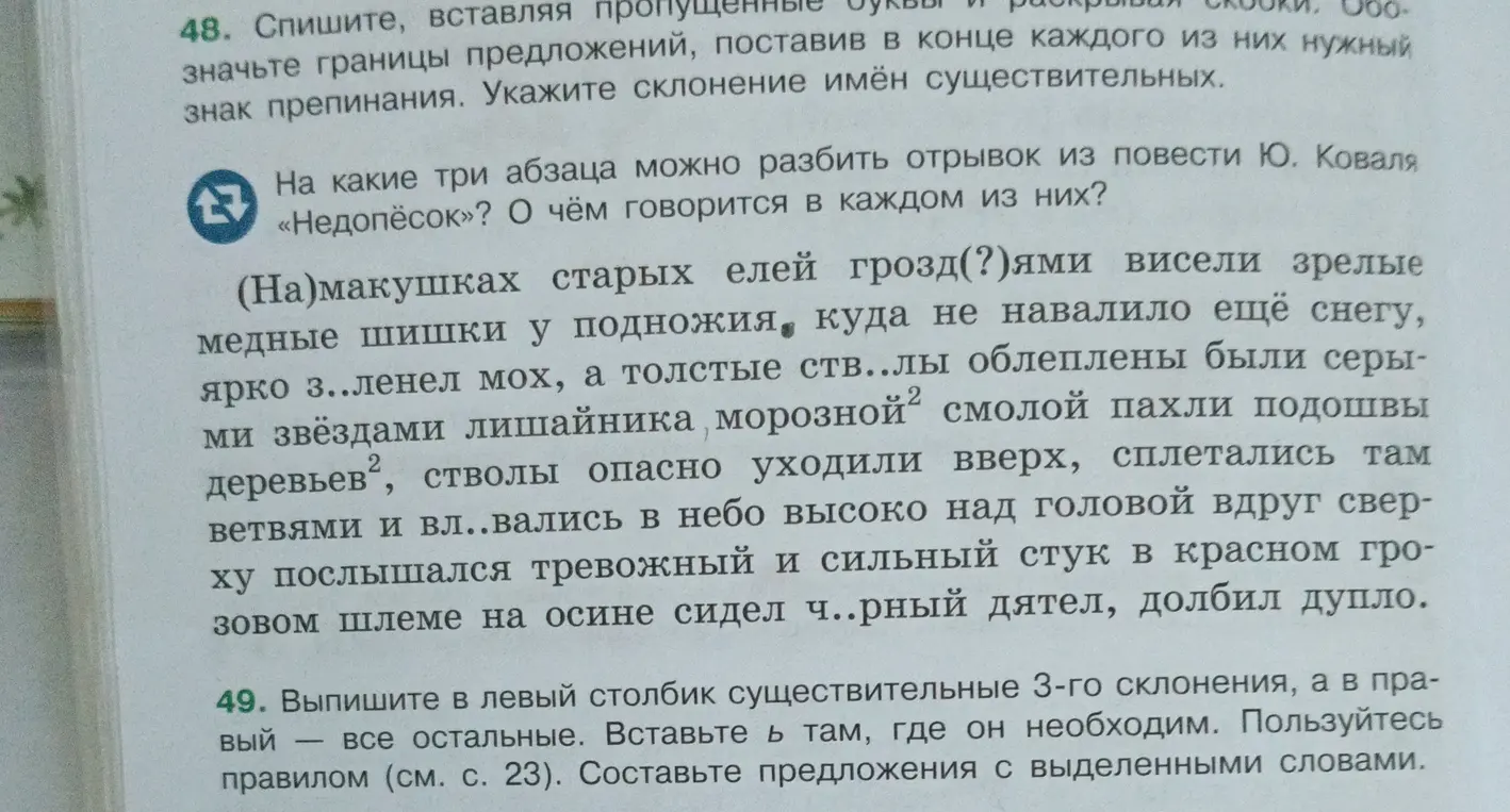 Ты просишь списать текст, вставить пропущенные буквы, знаки препинания, определить склонение имён существительных, разбить на абзацы и выписать существительные 3-го склонения в один столбик, а остальные - в другой.