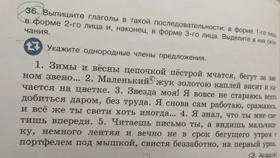 Выпиши глаголы в форме 3-го лица и укажи однородные члены предложения.